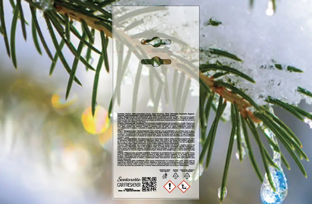 Plantilla de packaging personalizado para ambientador de coche, fragancia:﻿ Árbol de invierno bienestar – recurso descargable para packaging de desodorante de coche personalizado